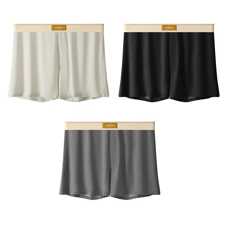 Men's ice silk underwear three-pack showing loose fit and solid colour options