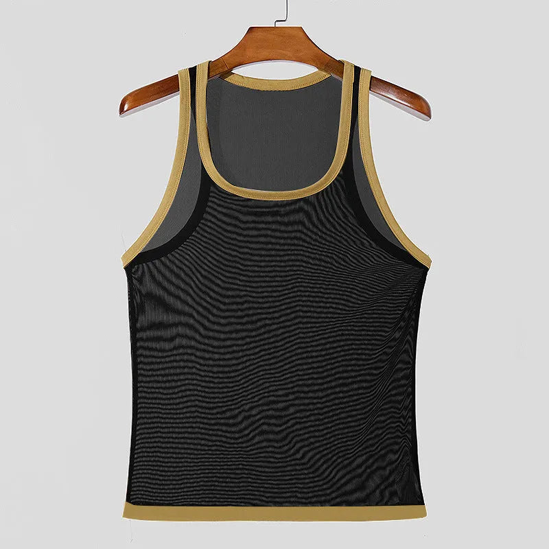 Men's white mesh fitness vest with straight hem design for sports and casual wear
