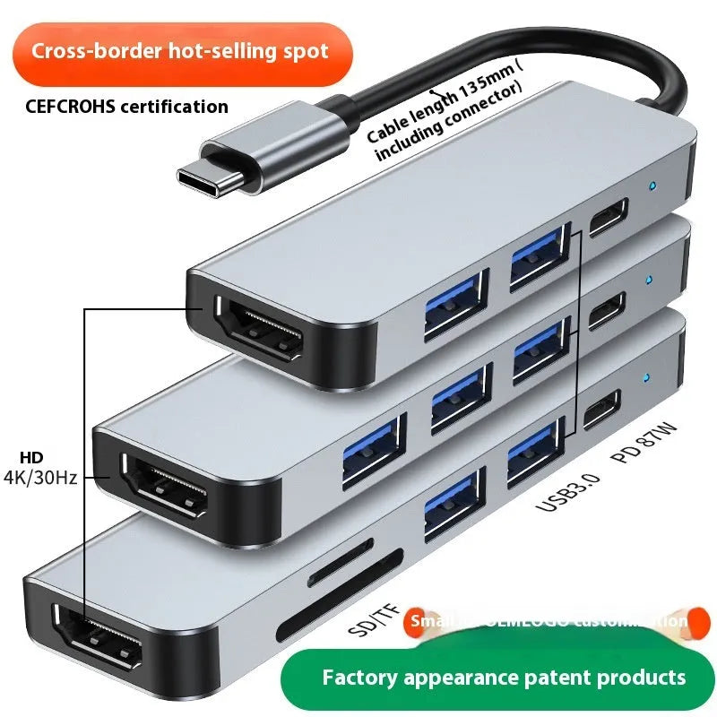 Portable six-in-one Type-C expansion dock for notebooks and tablets with 13.5cm cable