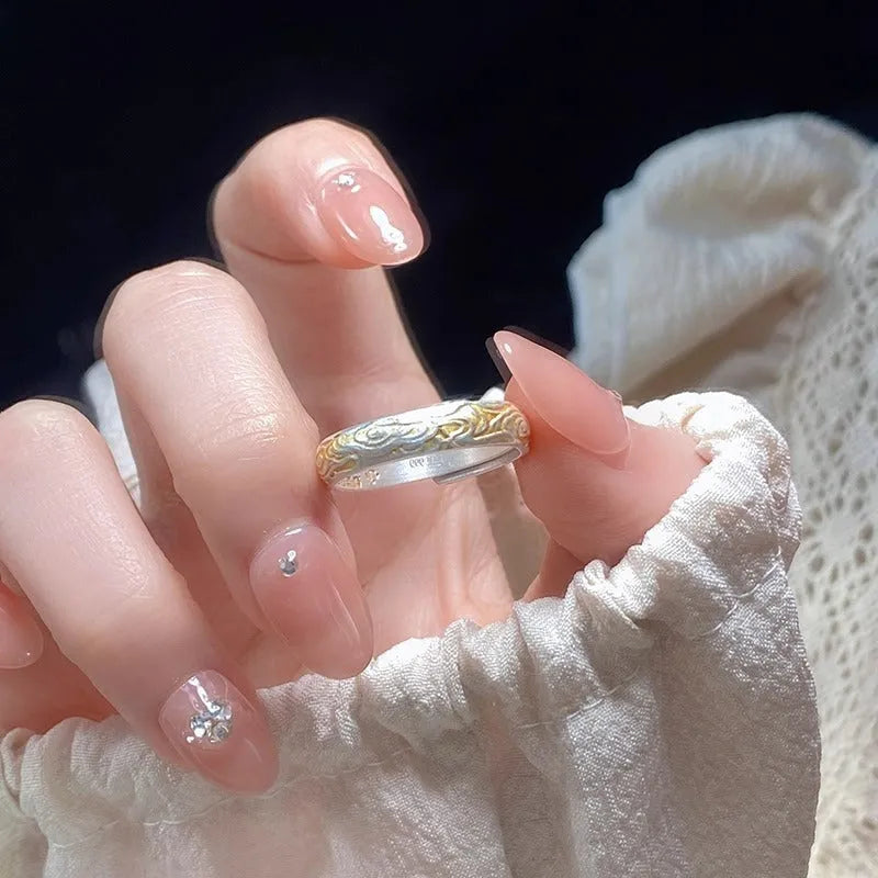 J14 Xiangyun open mouth ring in white copper with geometric pattern and electroplated gold silver finish