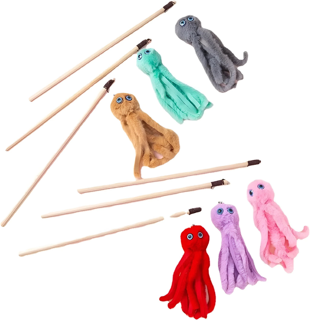 Octopus design cat toy with long stick wand for indoor kitten play in multiple colour options