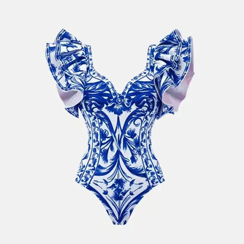 Women's printed one-piece swimsuit with matching cover-up skirt in rose pink.