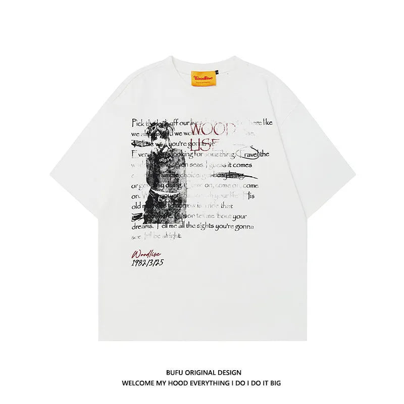 Men's black hip hop style loose fit cotton T-shirt with white printed letter design and raglan sleeves