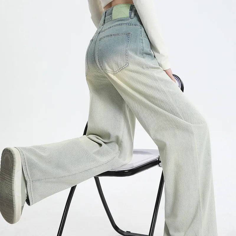 Women's straight-leg cotton denim trousers in a gradient blue colour with a wide leg fit.
