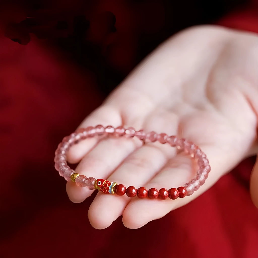 Purple cinnabar and strawberry quartz bracelet with koi and peach blossom motifs for women