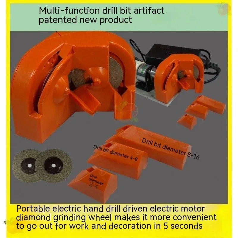 Portable grinding drill tool set with orange and black sanders and replacement grinding wheels