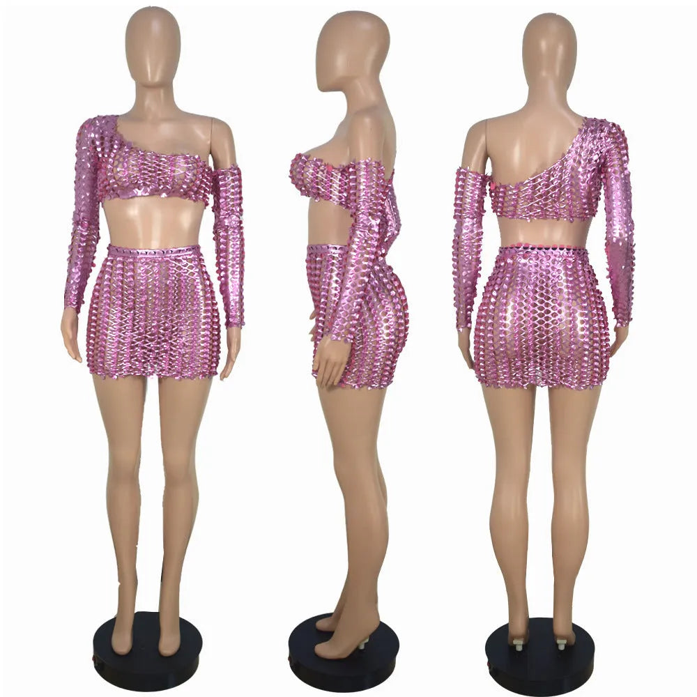 Women's hollow-out two-piece dress set with net hole detail on sleeveless top and short skirt