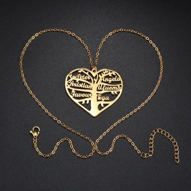 Personalised stainless steel necklace with engraved names on a heart and tree pendant in silver, gold, or rose gold.