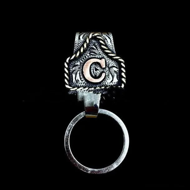 Metal cow tag belt key holder with keychain attachment in various colour options