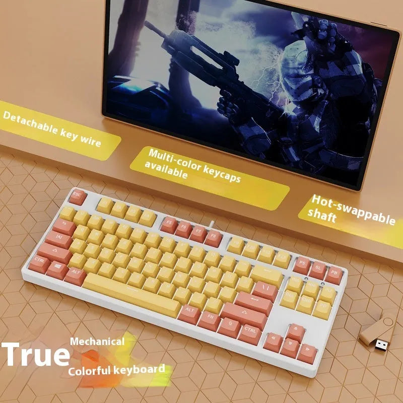 87-key wired mechanical keyboard with hot-swappable sockets showing colour options and included accessories