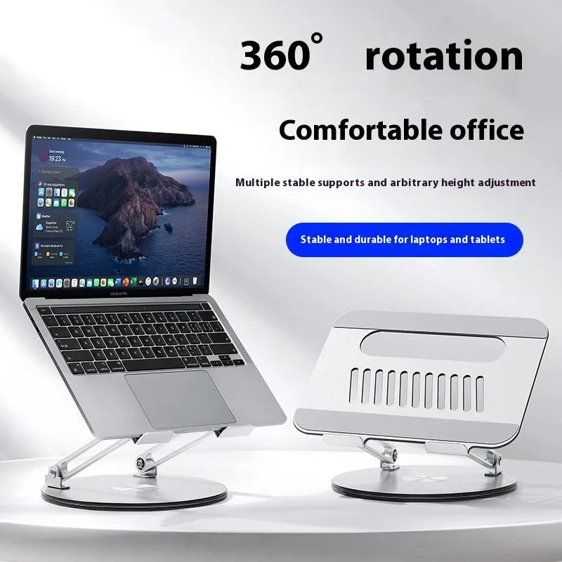 Silver aluminium laptop stand with rotatable base and height adjustment mechanism