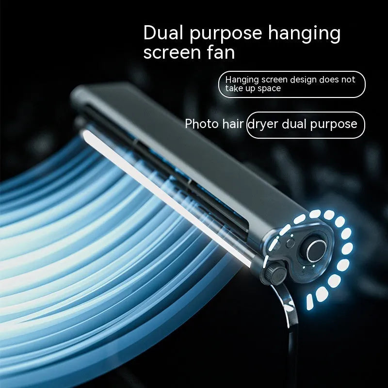 Black USB-powered bladeless clip fan with LED lighting attached to laptop screen