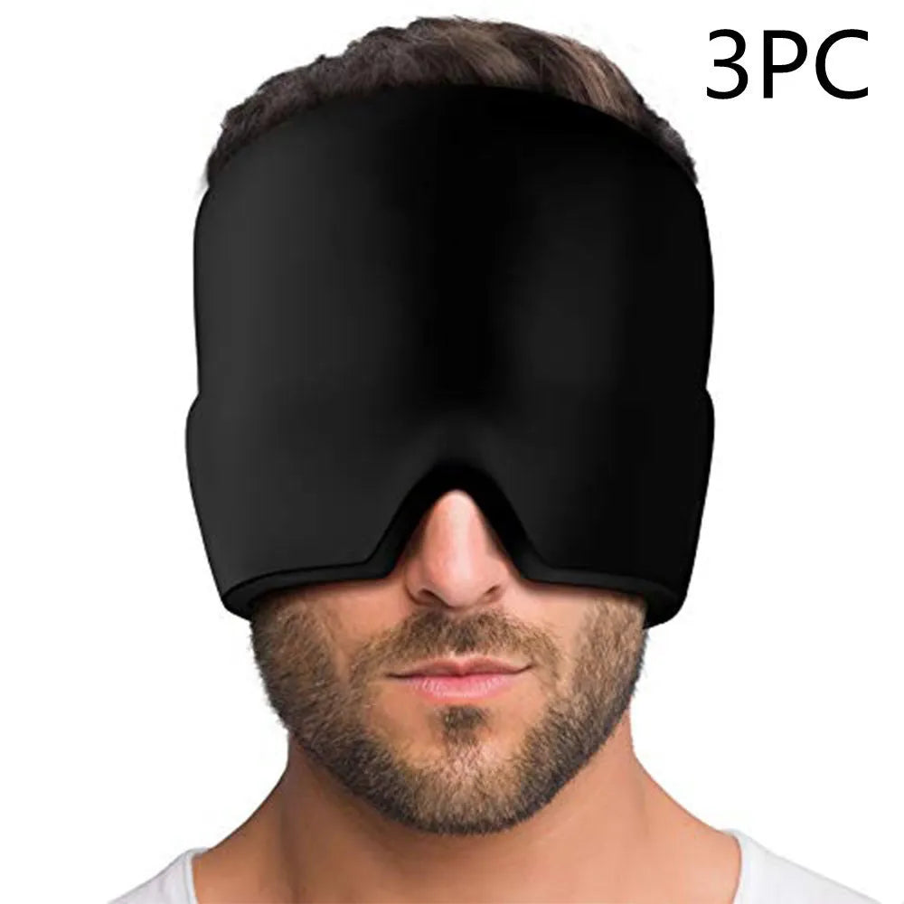 Black adjustable cold compress gel eye mask for headache relief on a plain background.