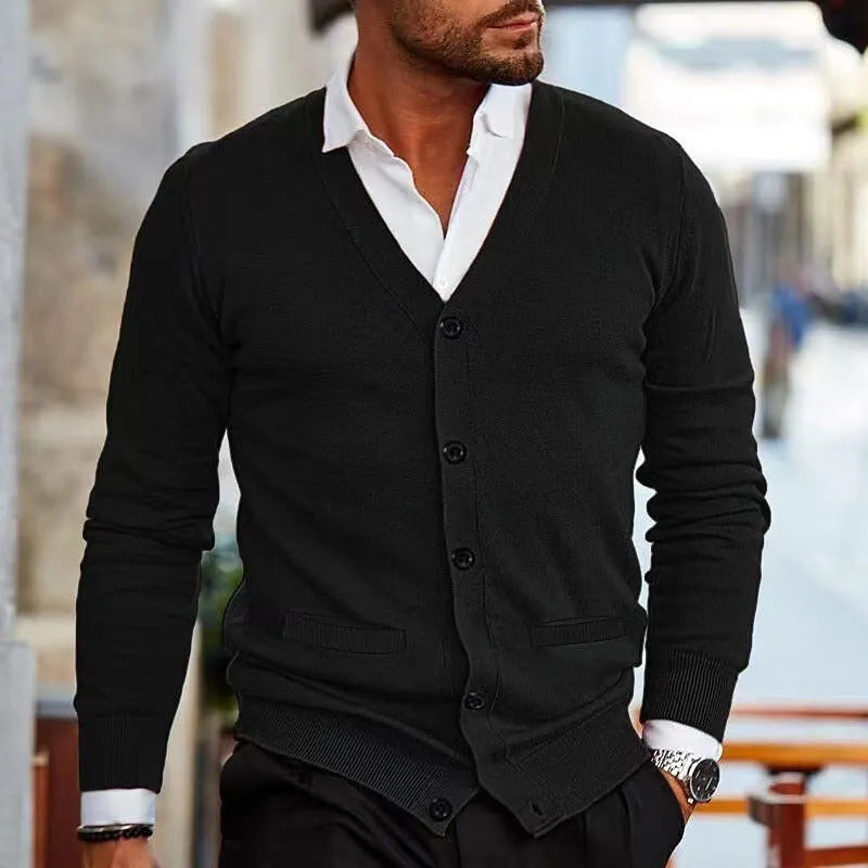 Men's slim-fit acrylic cardigan sweater in a choice of colours including light grey, black, and wine red.