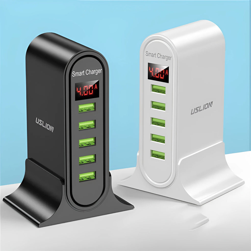 Black and white Smart LED Digital Display USB wall charger showing UK, US, and EU plug style options.