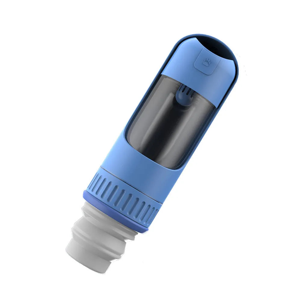 A dark blue portable dog water bottle with an integrated drinking bowl, shown with its leak-proof cap.