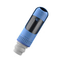 A dark blue portable dog water bottle with an integrated drinking bowl, shown with its leak-proof cap.