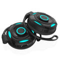 Black and white Bluetooth wireless earphones with hanging over-ear design showing USB charging port