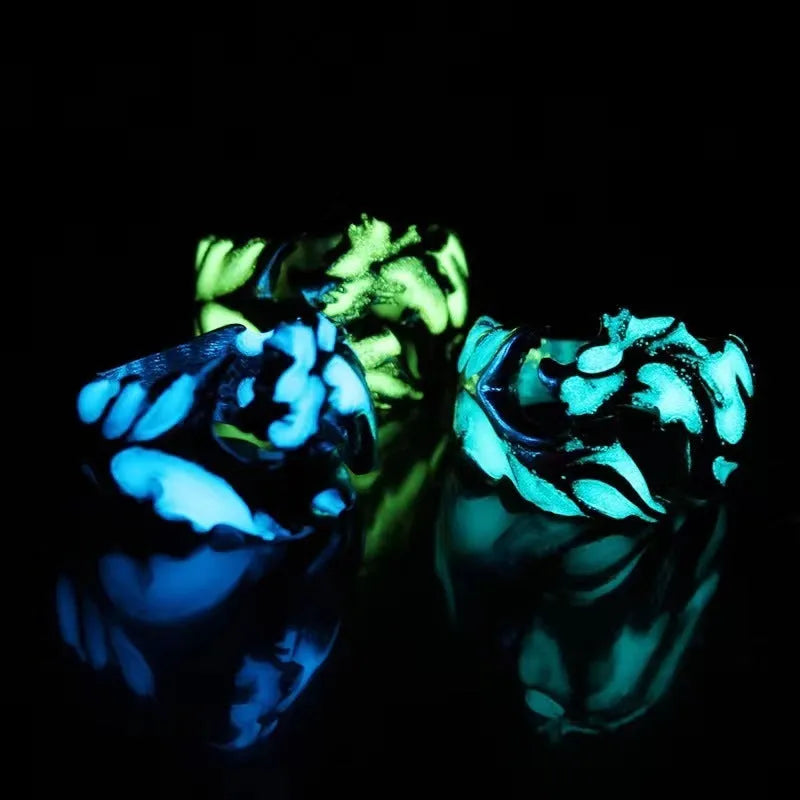 Chinese style luminous dragon pattern ring in antique silver blue and green on a metal adjustable band.