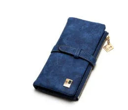 Vertical women's long wallet in retro matte Pu leather with zip closure showing interior card slots and phone pocket