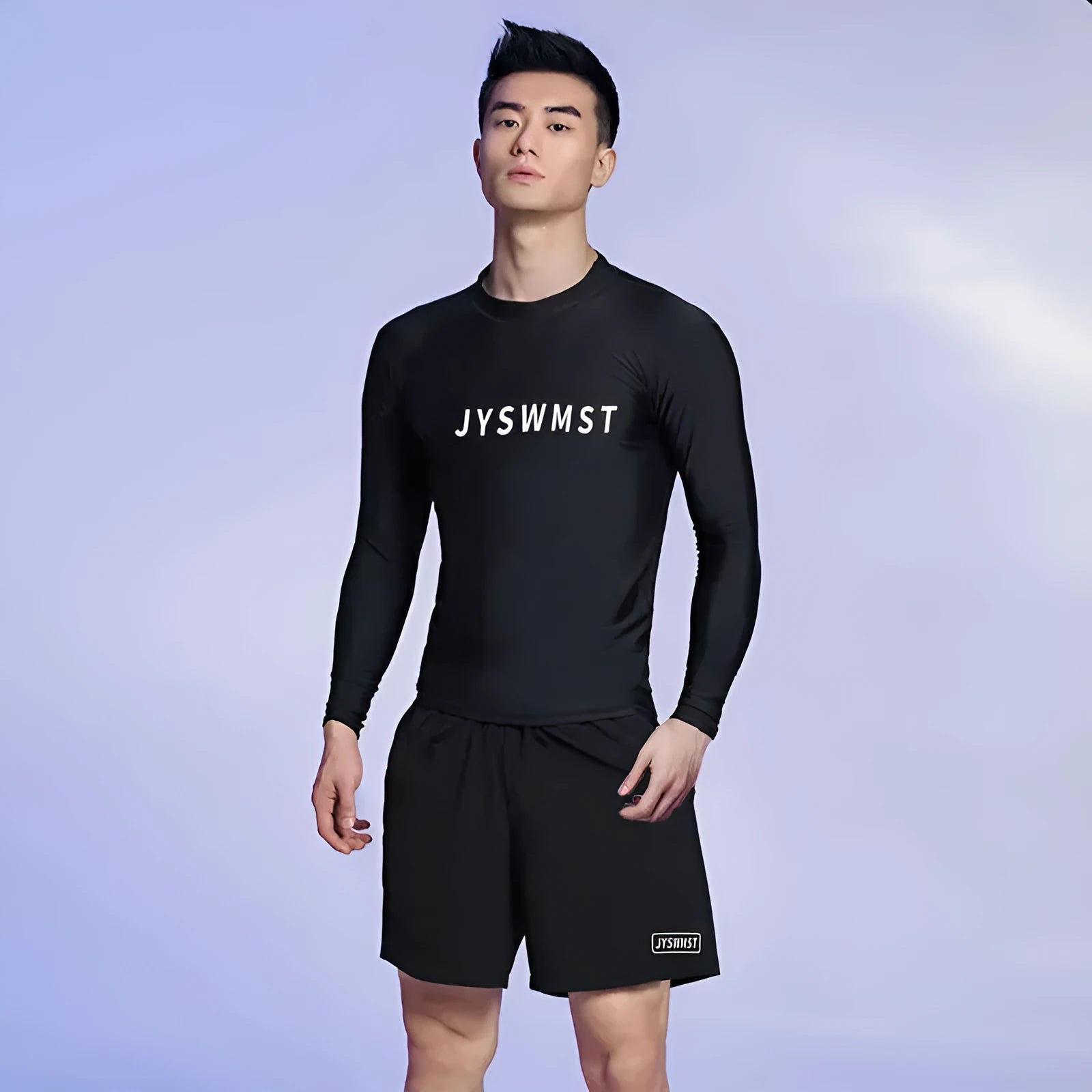 Men's plus size two-piece polyester swimwear set with patterned top and trunks in sizes M to 4XL