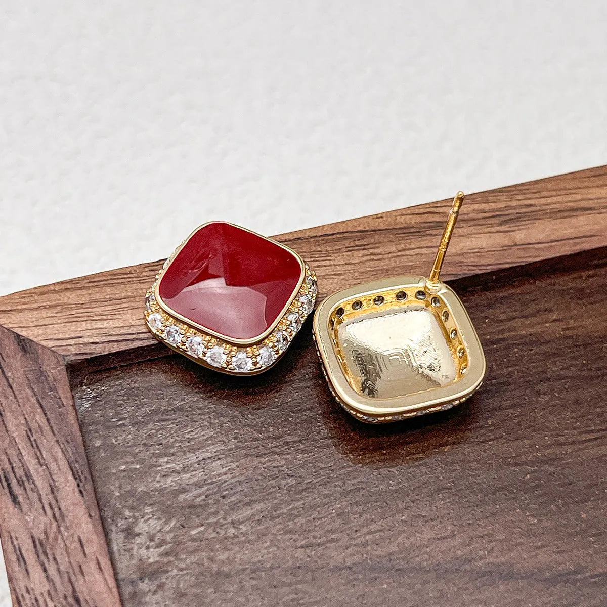 Retro red colour geometric square alloy earrings for women with inlaid design