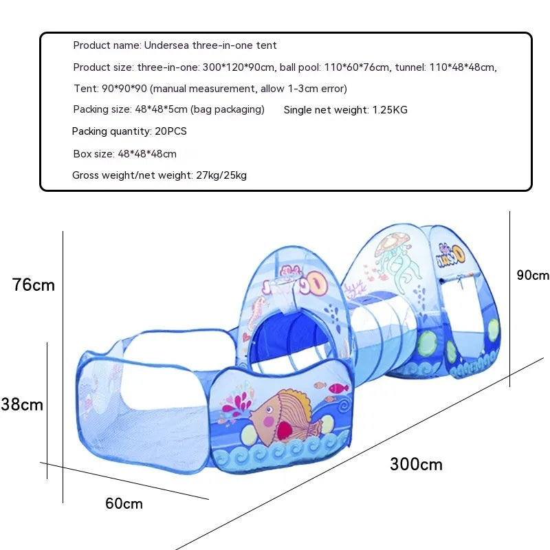 Marine cartoon themed three-in-one children's play tent set with ball pool and tunnel