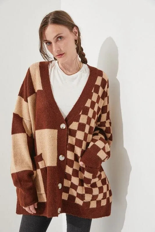 Loose fit printed checks cardigan knitwear in multiple colour options showing front view