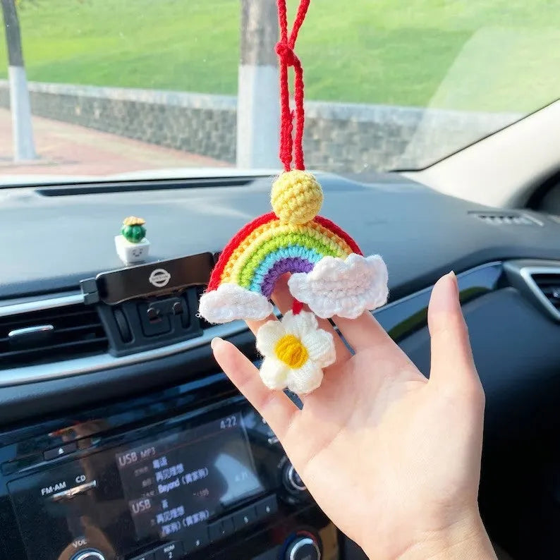 Handmade crocheted car pendant in avocado, pink rainbow, and red rainbow colour designs