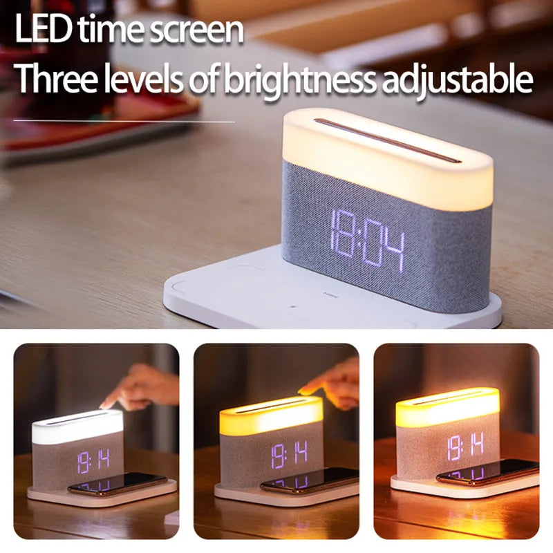 Wireless desktop charger with clock display and night light in modern ABS design