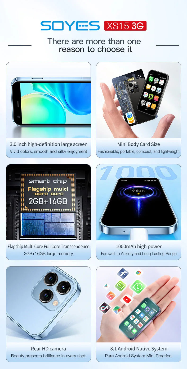 Mini smartphone with 30 screen in black, green or pink purple colours showing straight plate design