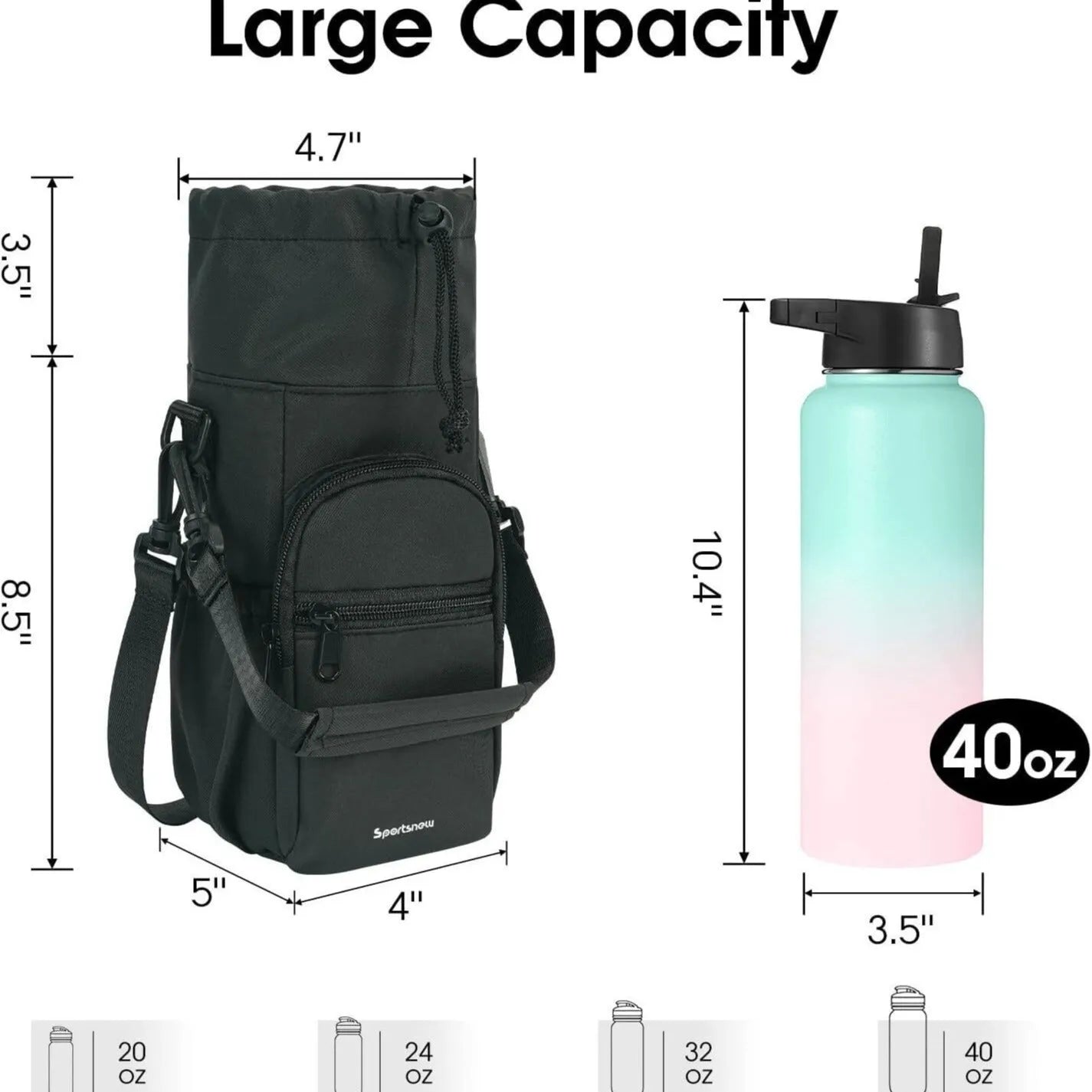Canvas crossbody water bottle pouch in black green and pink holding a cup