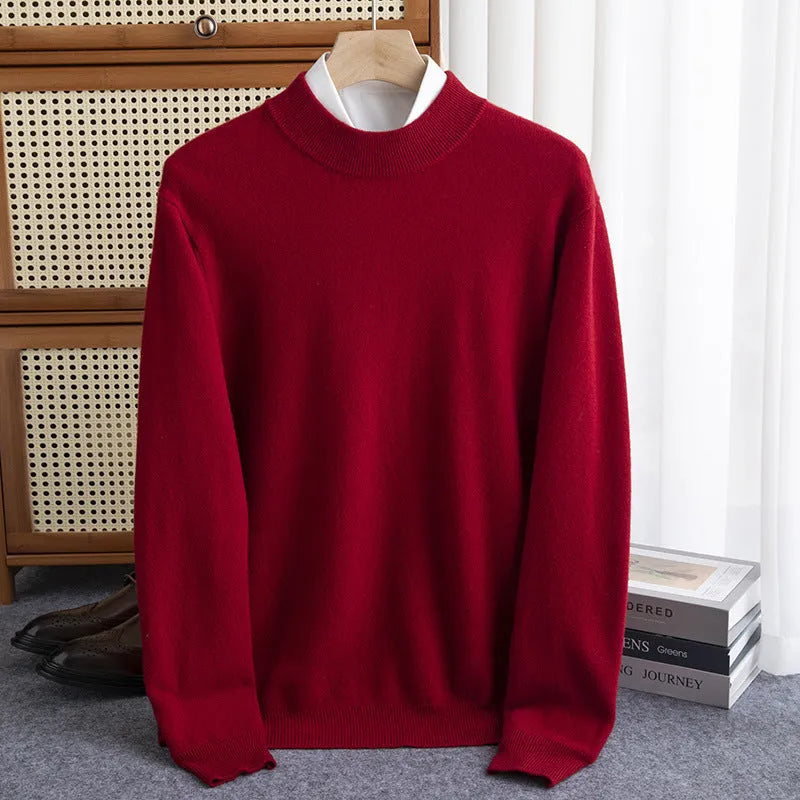 Men's loose fit half-collar wool sweater in a light business style, shown in a range of colours.