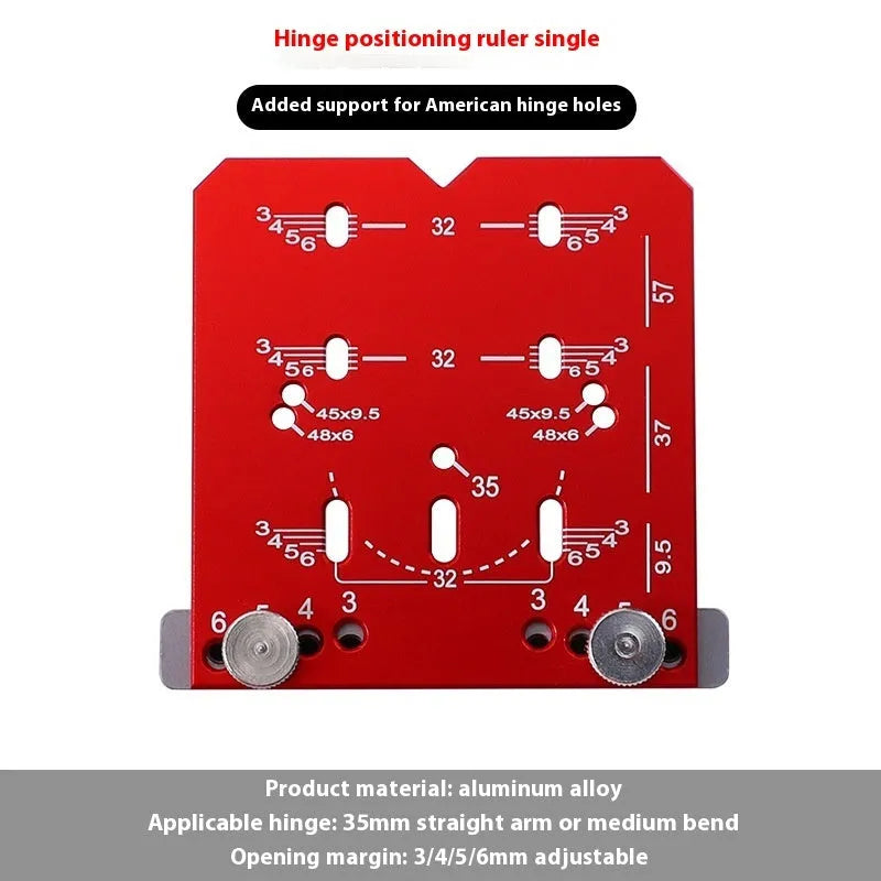 Red aluminium alloy hinge locating rule for installing 35mm cabinet door hinges with adjustable margin settings.