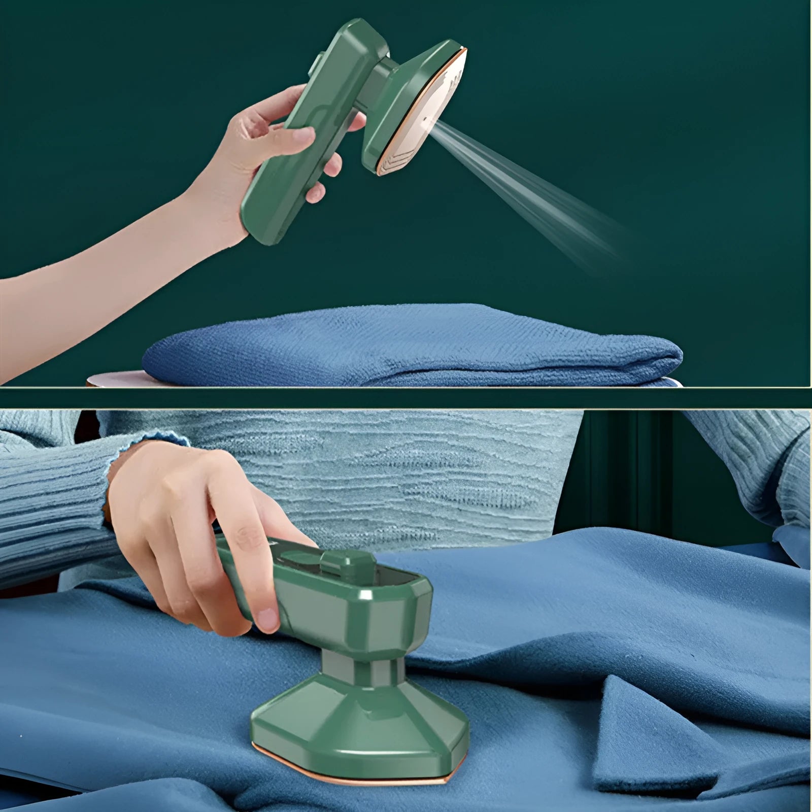 Dark green portable hanging ironing machine with ceramic panel and compact handheld design