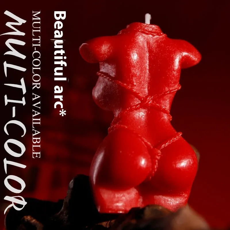 A bikini-shaped low temperature candle made from soy wax, shown in rose red, spring pink, and lilac purple colour options.