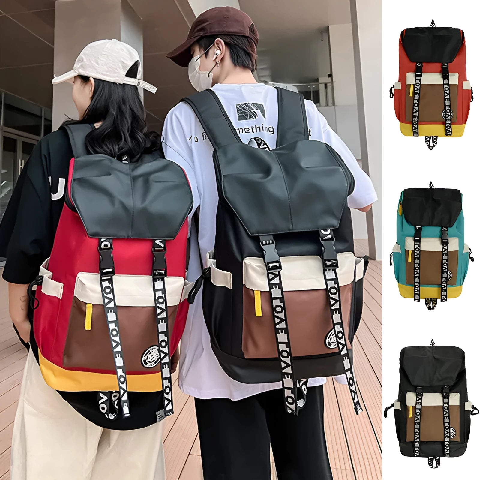 Oxford cloth backpack shown in black, green, or red, featuring multiple carry handles and straps.