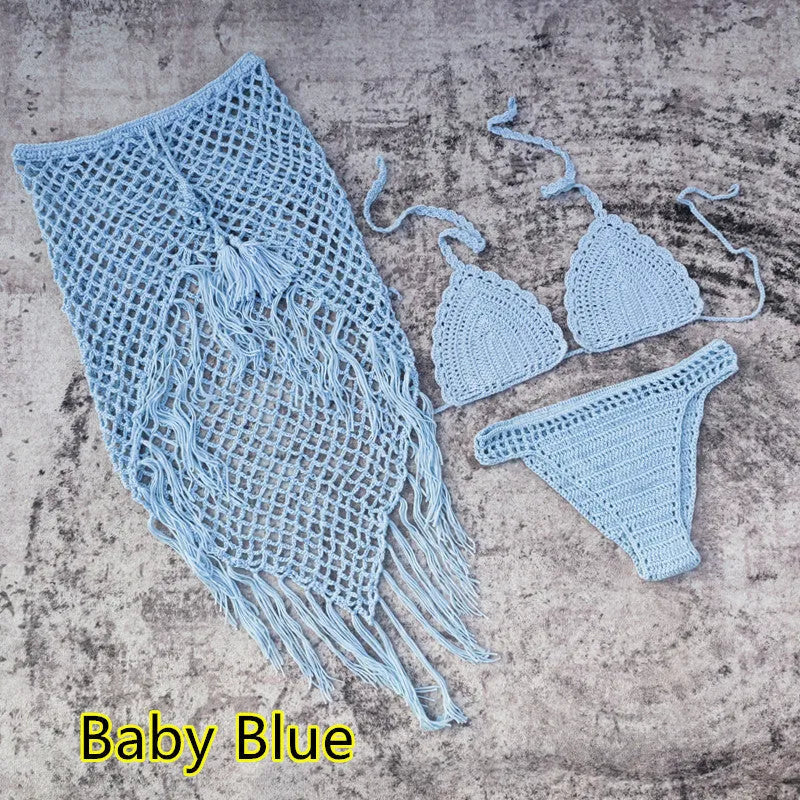 Women's handmade crochet bikini and matching beach skirt swimsuit set in acrylic fabric