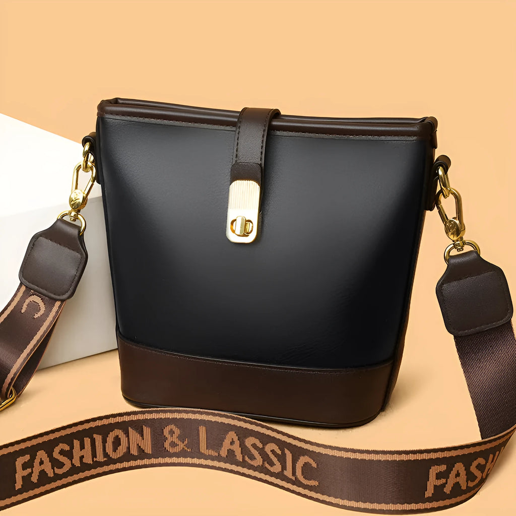 Korean style black soft PU bucket bag with double shoulder straps and multiple internal compartments
