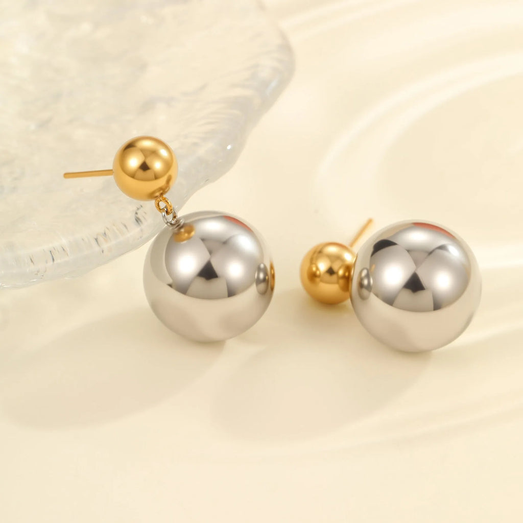 Round beads stainless steel colour-block ear studs with 18K gold electroplating