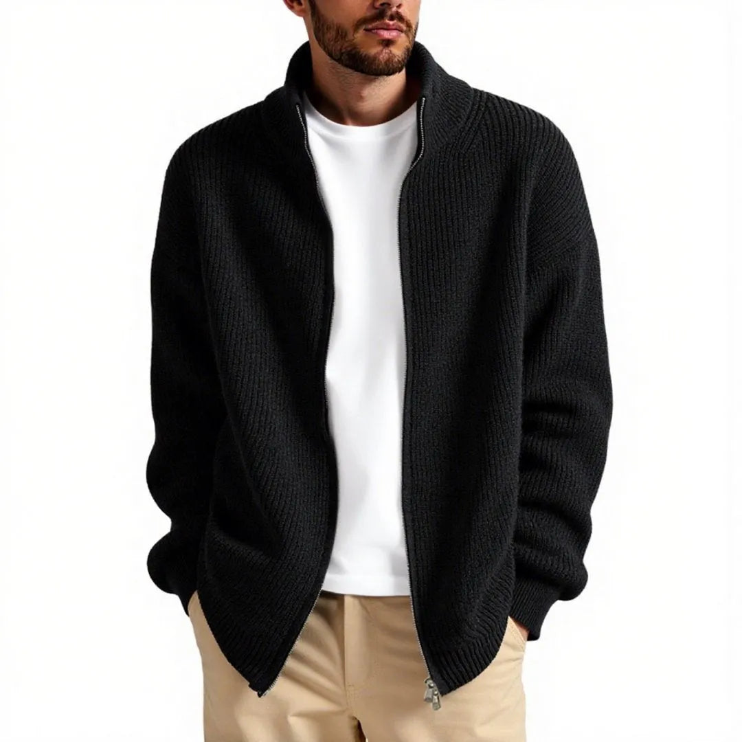 Men's loose-fit cardigan sweater in a grey colour, showing button front and long sleeves.