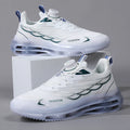 White rotating button sports shoes with mesh construction and rubber sole, showing lace-up front and Korean style design