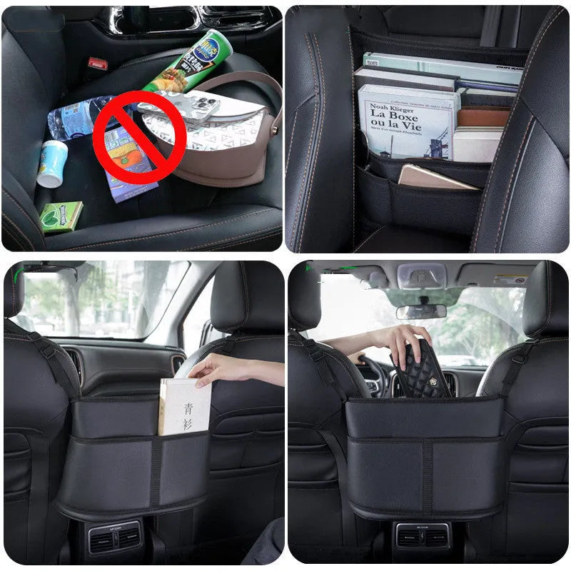 Black leather car seat net pocket with sports carbon fibre pattern hanging in middle of seat