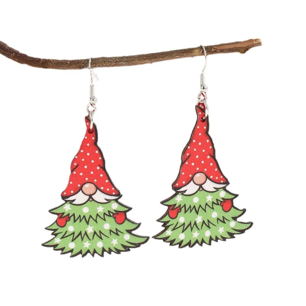 Women's wooden Christmas earrings with geometric shapes and printed Santa Claus designs