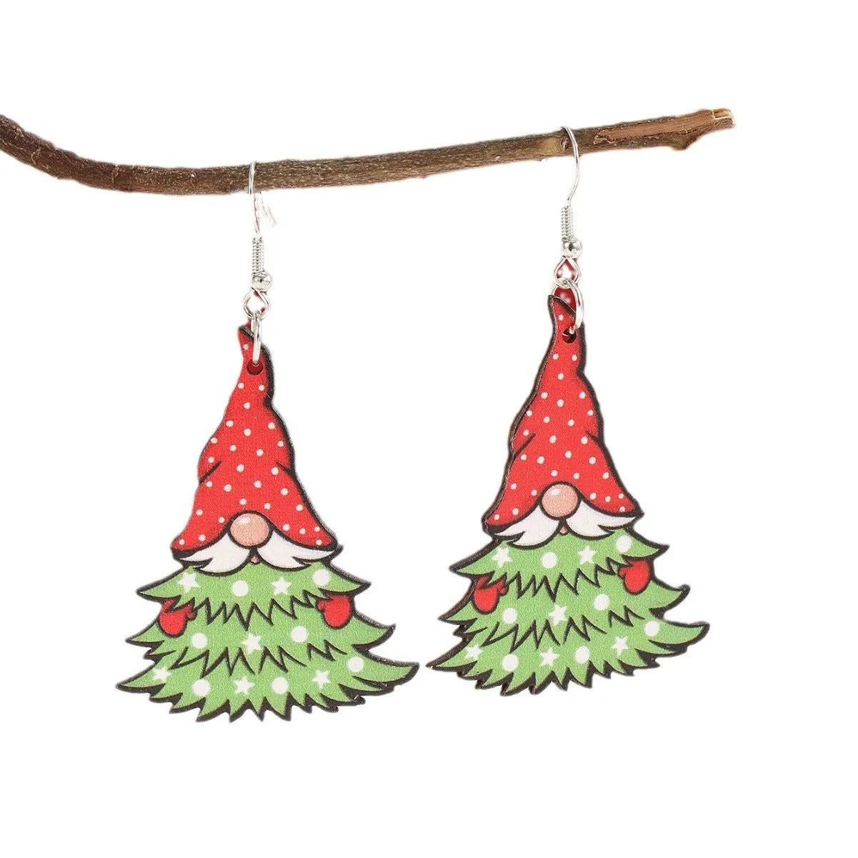 Women's wooden Christmas earrings with geometric shapes and printed Santa Claus designs