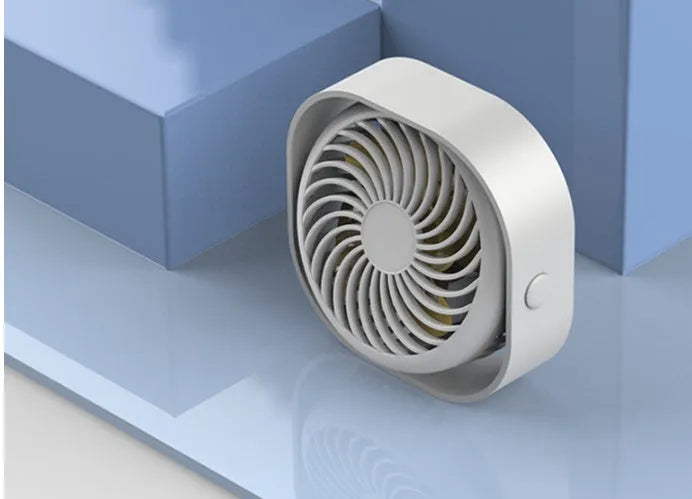 USB desk fan with alarm clock in modern simple style, showing 360-degree rotation feature.