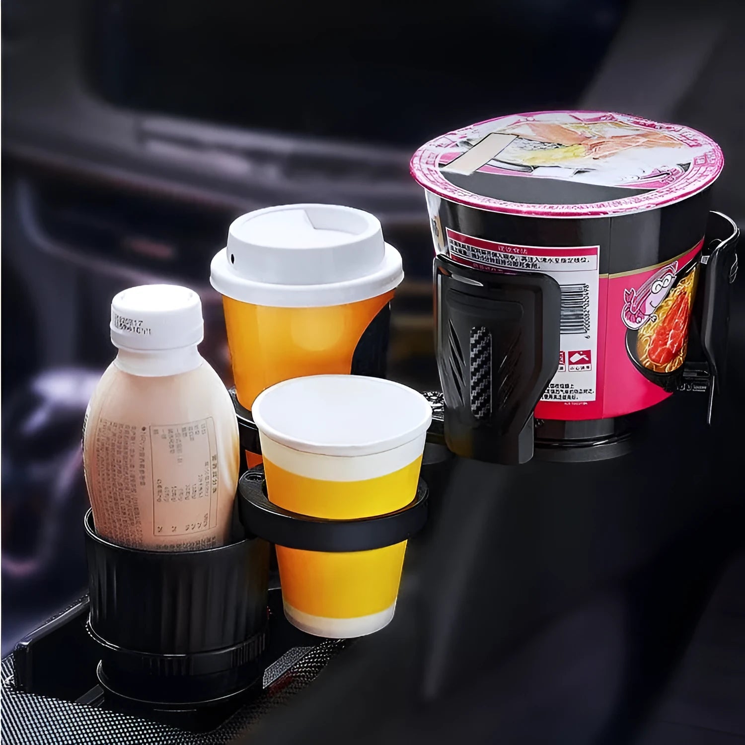 Carbon fibre black car drink holder with retractable adjustable base for vehicle centre console