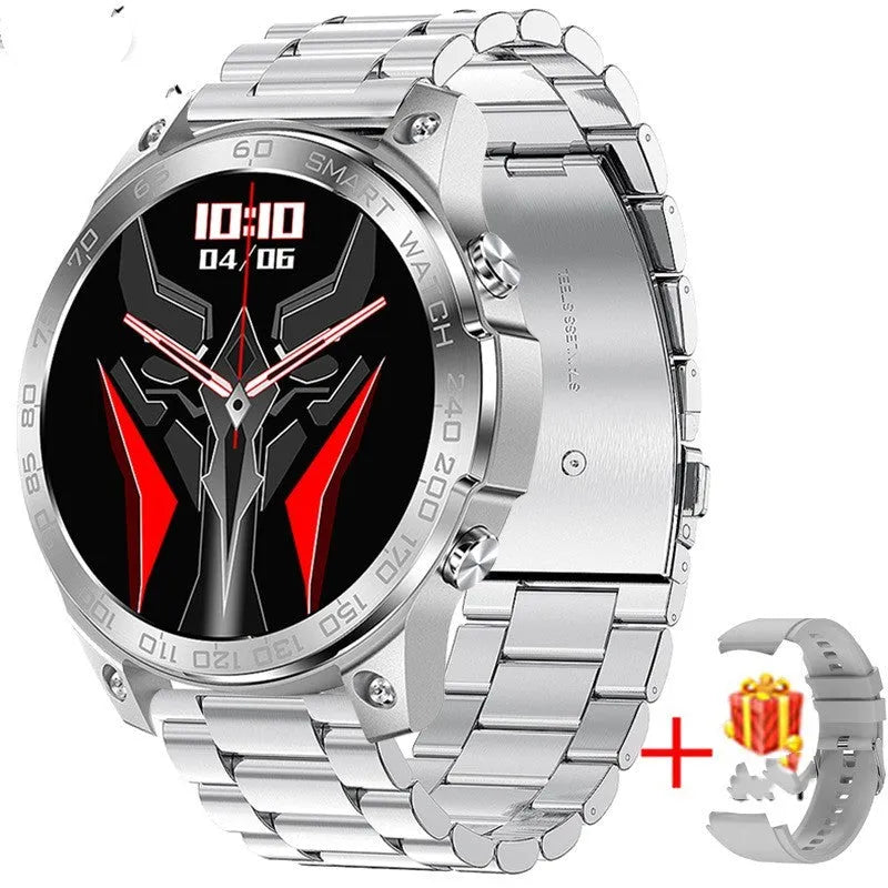 Round AMOLED sports watch with silicone strap showing Bluetooth call interface and fitness metrics on screen.