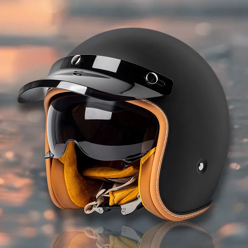 Retro electric bike half helmet in ABS plastic showing colour options including black, grey, orange and yellow designs