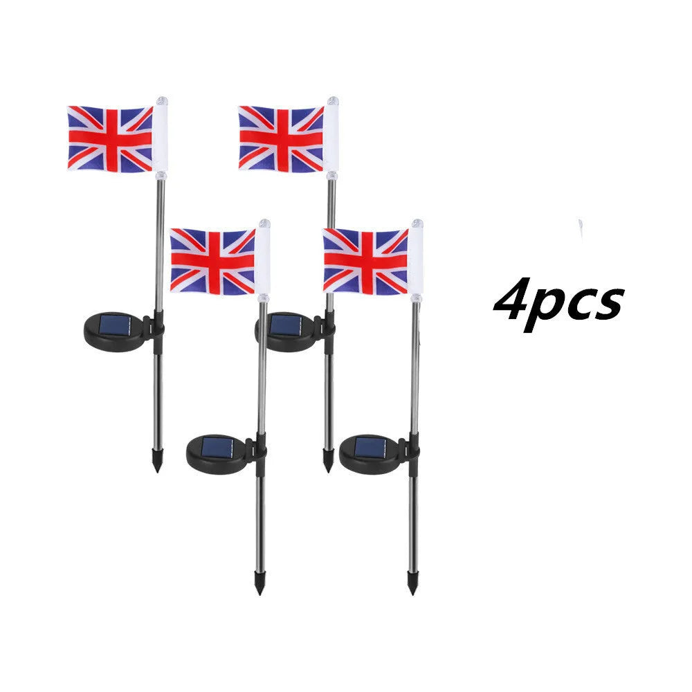 Solar garden flag light with stainless steel pole showing either American or British flag design.